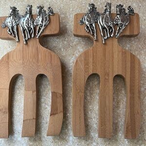 Western Silver Horses Wooden Salad Tossing Server Forks Claw Serving Utensils